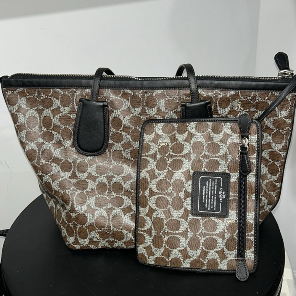 Coach Brown Monogram Tote Bag with Leather Trim
